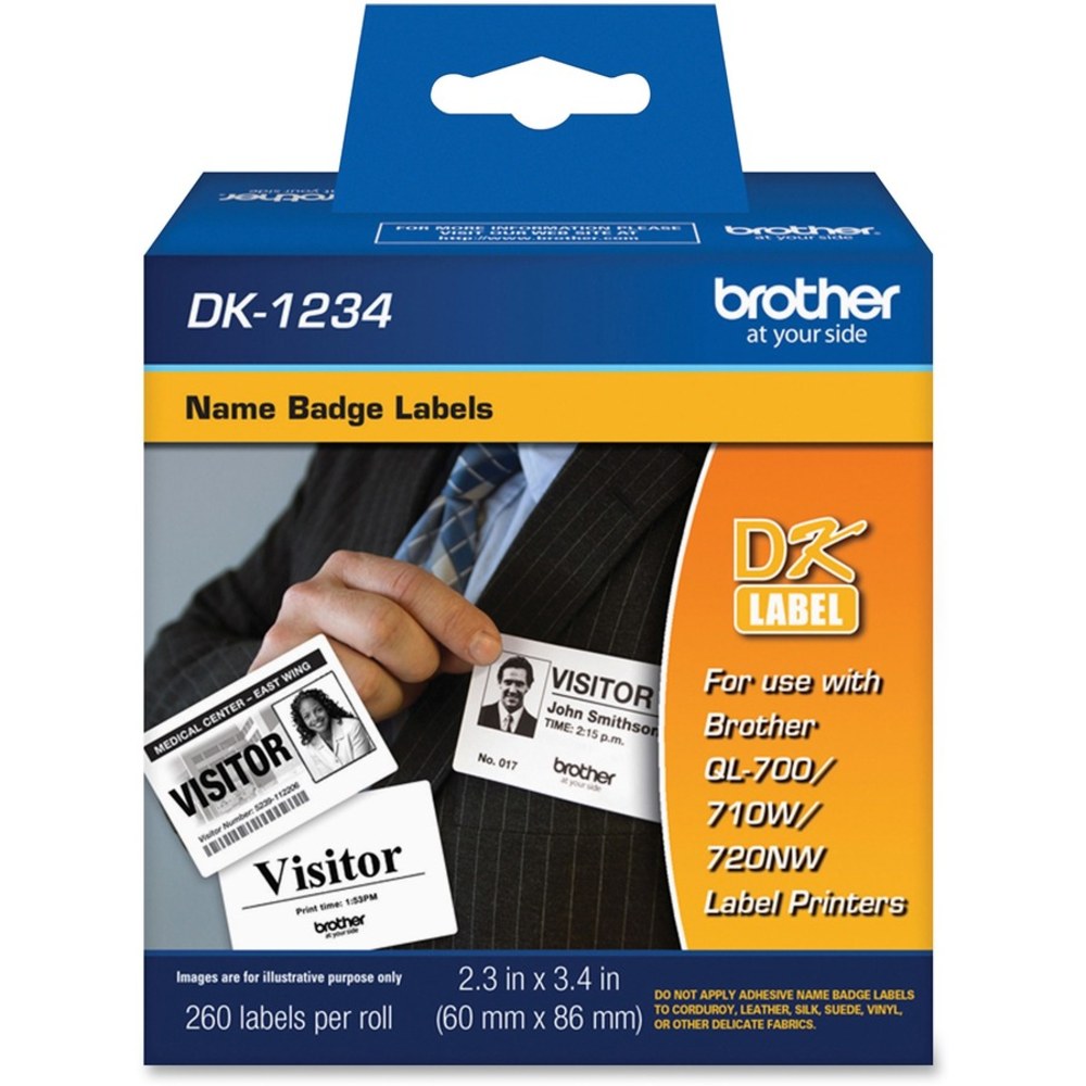 Brother DK1234 Name Badge Labels, Rectangular, 2 3/8in x 3 3/8in, White, Pack Of 260