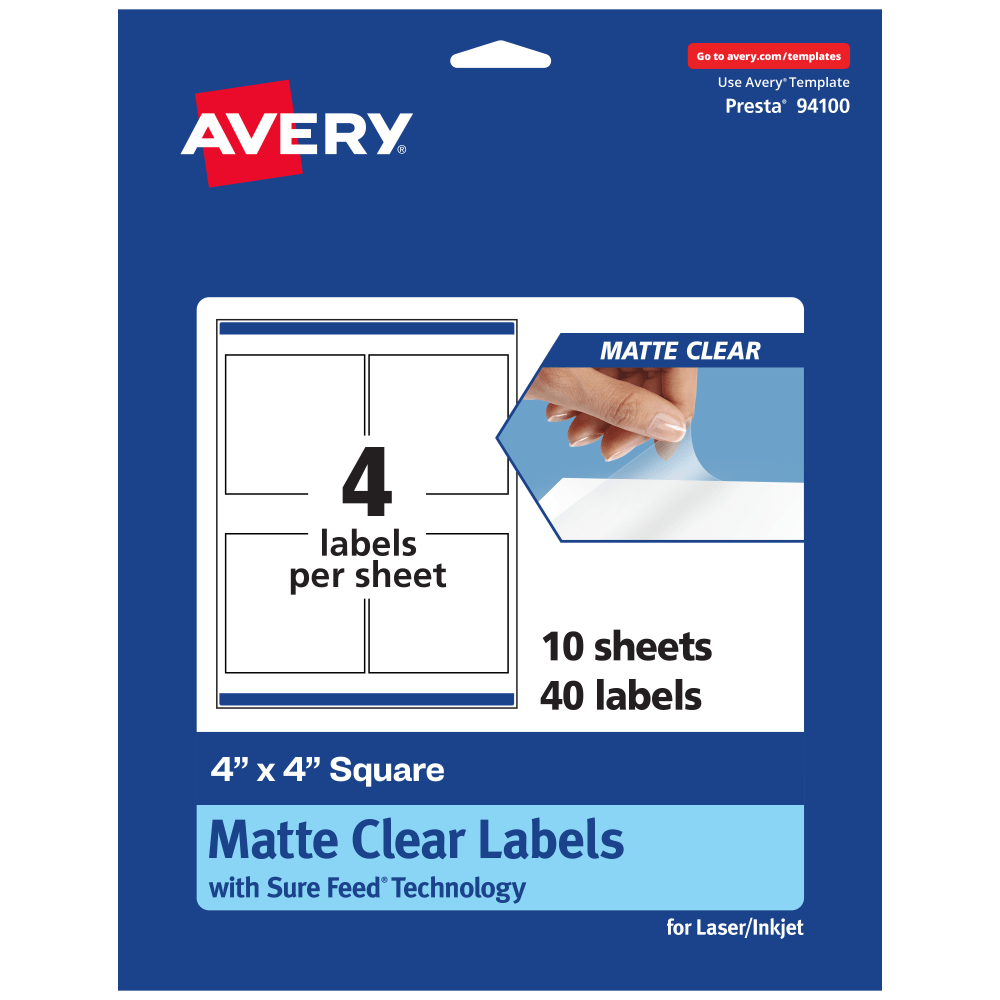 Avery Permanent Labels With Sure Feed, 94100-CMF10, Square, 4in x 4in, Matte Clear, Pack Of 40