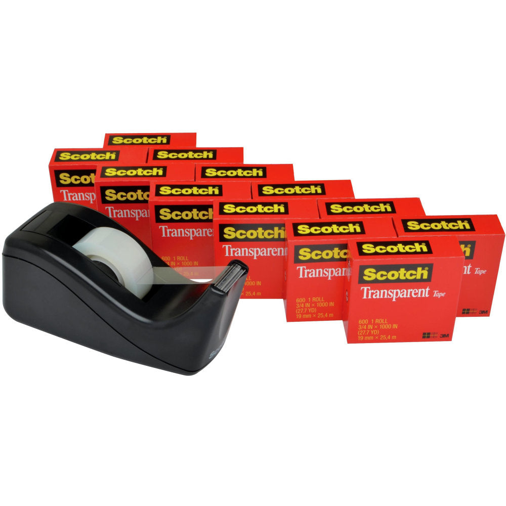 Scotch Transparent Tape with Dispenser, 3/4 x 1000 in, 12 Tape Rolls, 1 Tape Dispenser, Back to School Supplies, College and Teacher Supplies