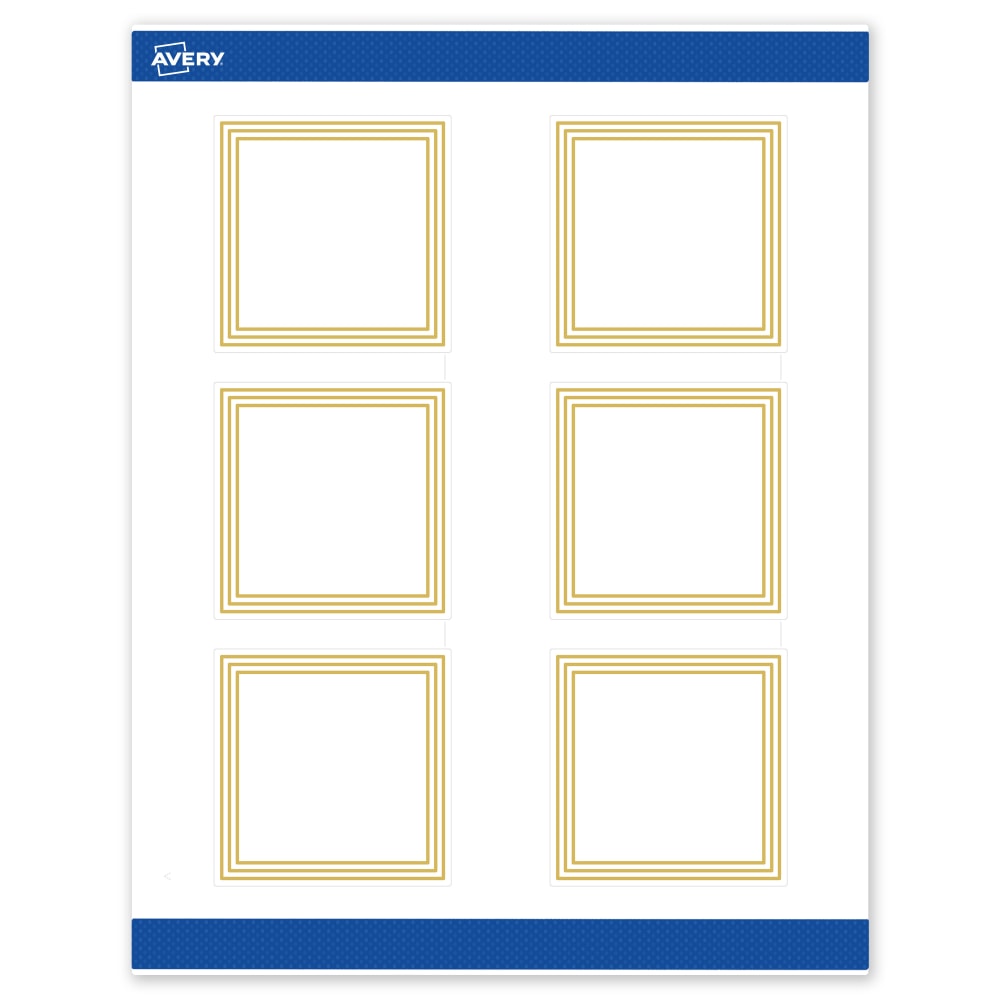 Avery Print-To-The-Edge Labels & Sure Feed, S00-DHJ-PRWMP10, 3in x 3in, Matte White, Preprinted Multi-Lined Gold Border Design, Pack Of 60