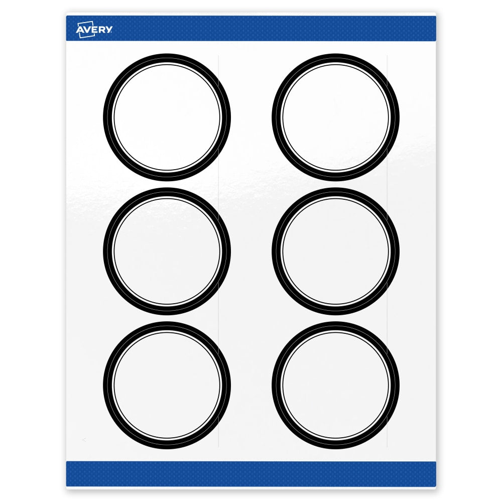Avery Print-To-The-Edge Labels & Sure Feed, S00-DM1-PRWGP10, 3in Round, Glossy White, Preprinted Double Black Border Design, Pack Of 60