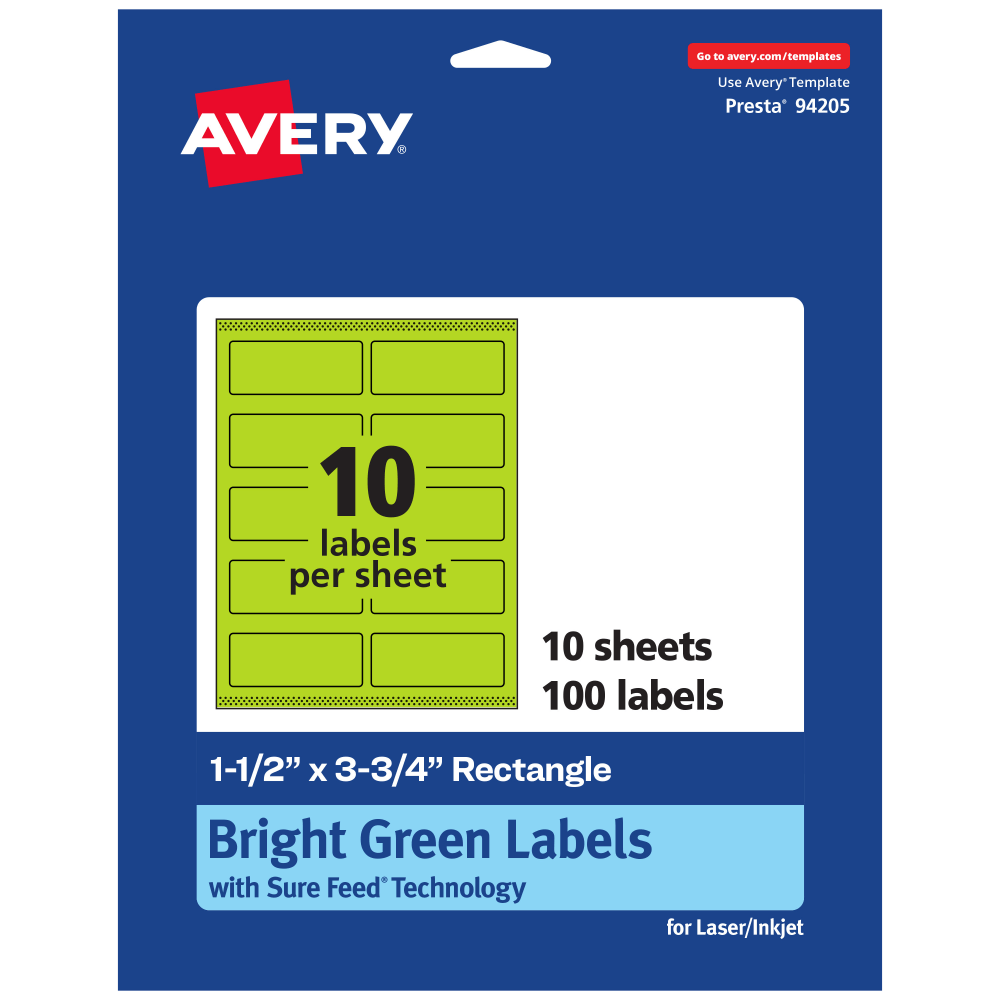 Avery Print-To-The-Edge Labels With Sure Feed Technology And Easy Peel, 94205-BGP10, Rectangle, 1-1/2in x 3-3/4in, Matte Bright Green, Pack of 100