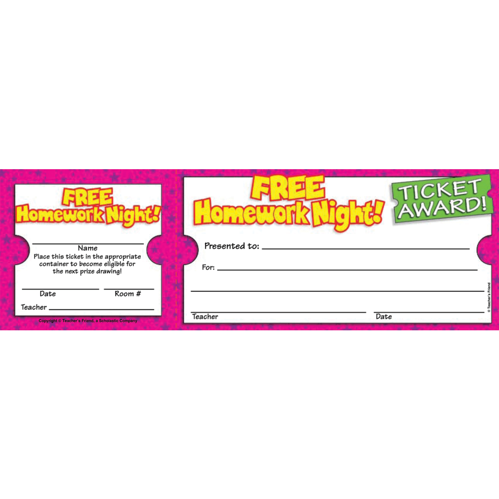 Scholastic Teachers Friend Free Homework Night Ticket Awards, 8 1/2in x 2 3/4in, Grade K - 5, Pack Of 100