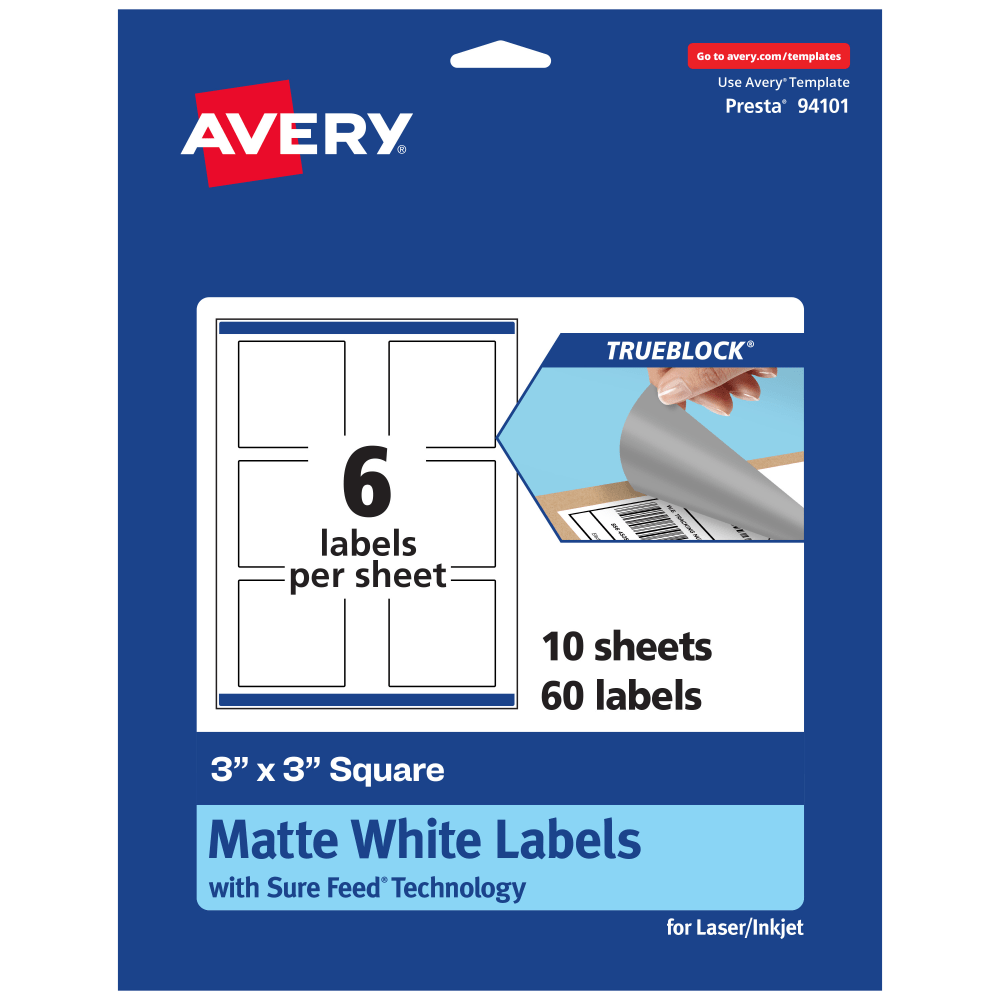 Avery Print-To-The-Edge TrueBlock Labels With Sure Feed, 94101-TWMP10, Square, 3in x 3in, Matte White, Pack Of 60