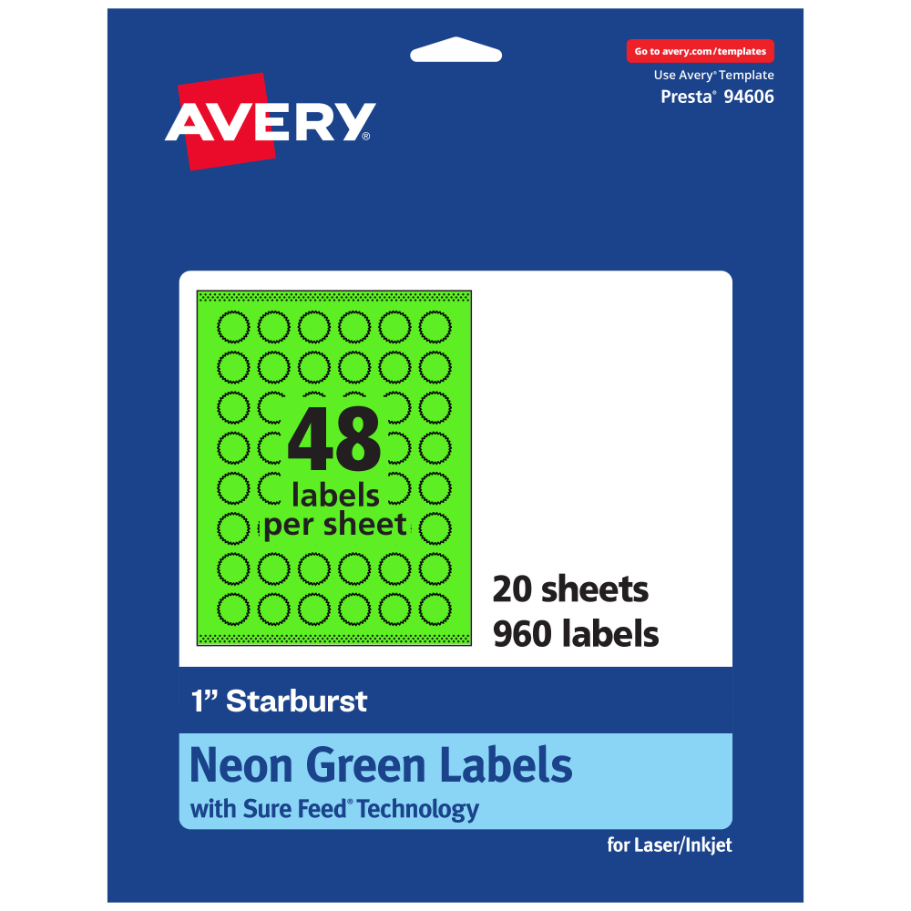 Avery Print-To-The-Edge Labels With Sure Feed Technology, 94606-NGP20, Starburst, 1in, Matte Neon Green, Pack of 960