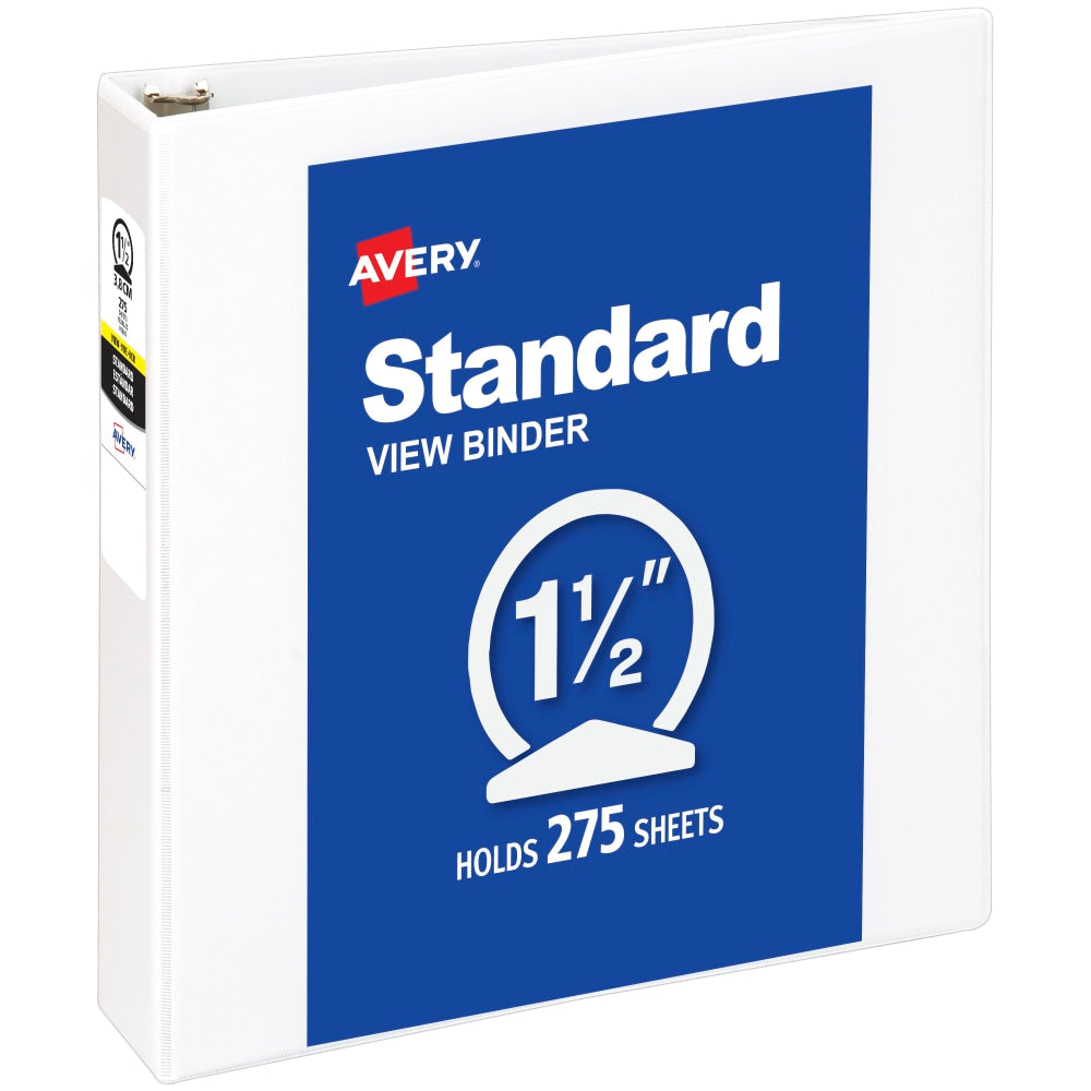 Avery Standard View 3 Ring Binder, 1.5in Round Rings, White, 1 Binder