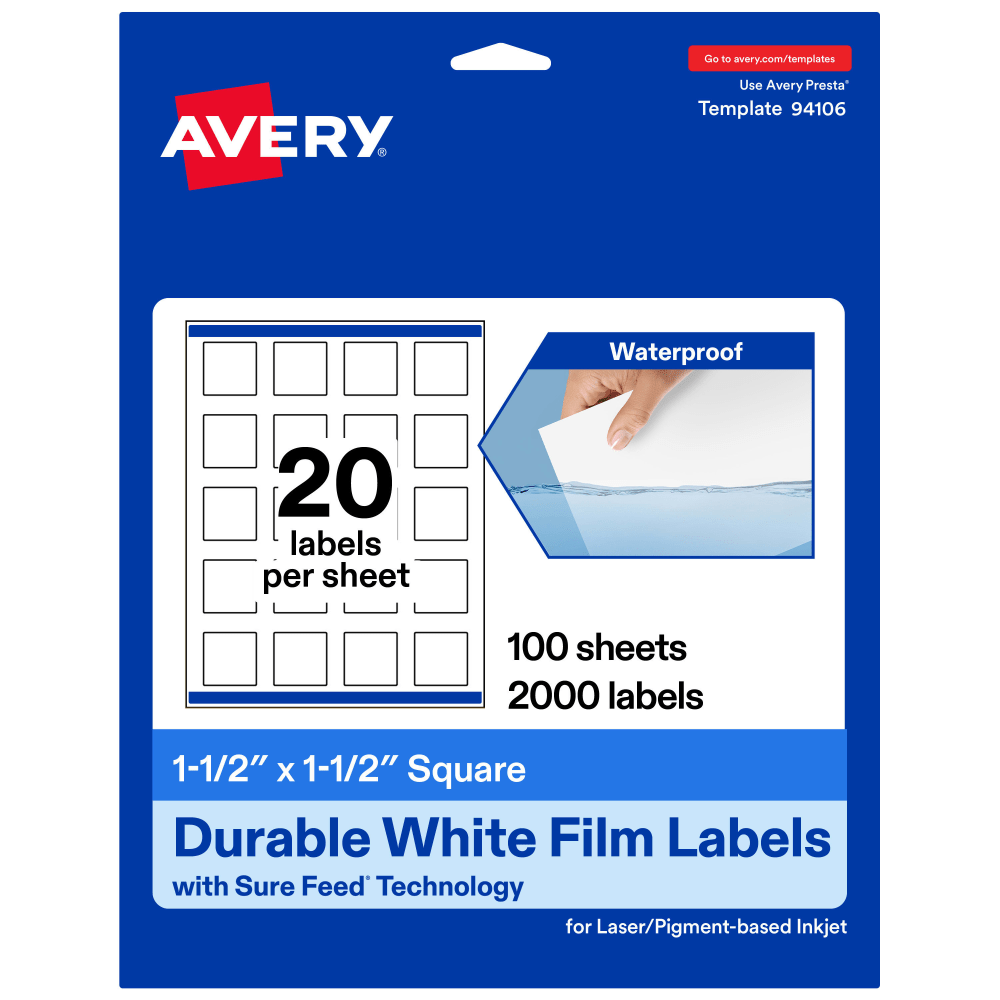 Avery Waterproof Permanent Labels With Sure Feed, 94106-WMF100, Square, 1-1/2in x 1-1/2in, White, Pack Of 2,000