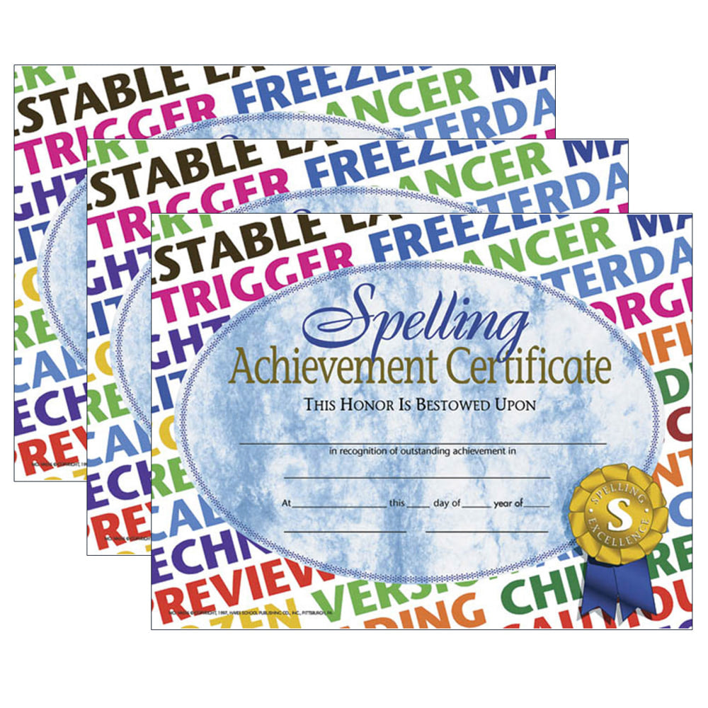 Hayes Publishing Spelling Achievement Certificate, 30 Per Pack, Set Of 3 Packs, HVA5763