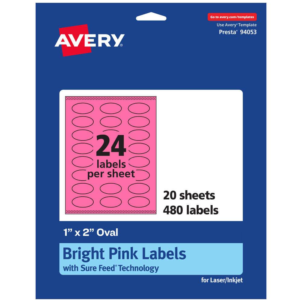 Avery Print-To-The-Edge Labels With Sure Feed Technology And Easy Peel Label Feature, 94053-BPP20, Oval, 1in x 2in, Matte Bright Pink, Pack of 480