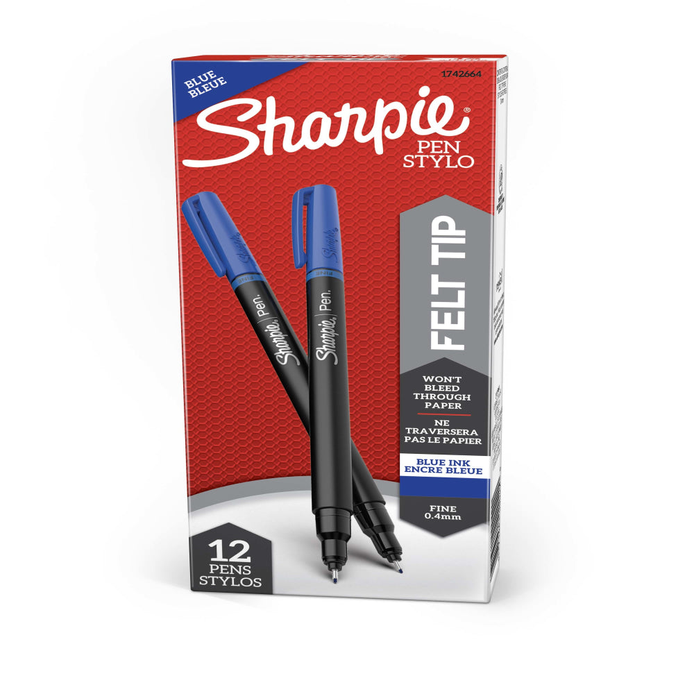 Sharpie Fine-Point Pens, Fine Point, Black Barrels, Blue Ink, Pack Of 12