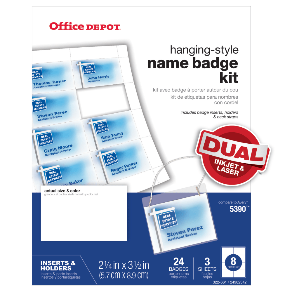 Office Depot Brand Name Badge Kit, Hanging-Style, Convention Size,  2-1/4in x 3-1/2in, Pack Of 24