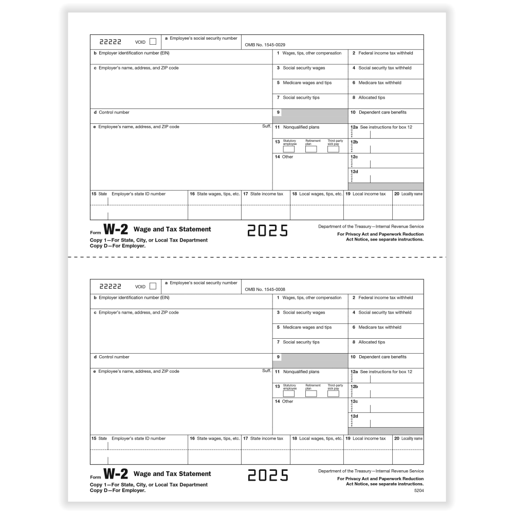 ComplyRight W-2 Tax Forms, Employer's Copy D and/or State, City Or Local Copy 2, 2-Up, 8-1/2in x 11in, Pack Of 1, 000 Forms, 5204B25