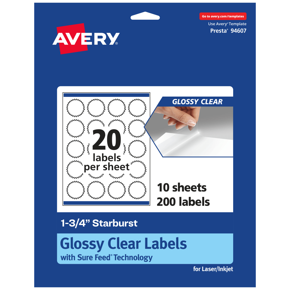 Avery Glossy Permanent Labels With Sure Feed, 94607-CGF10, Starburst, 1-3/4in, Clear, Pack Of 200