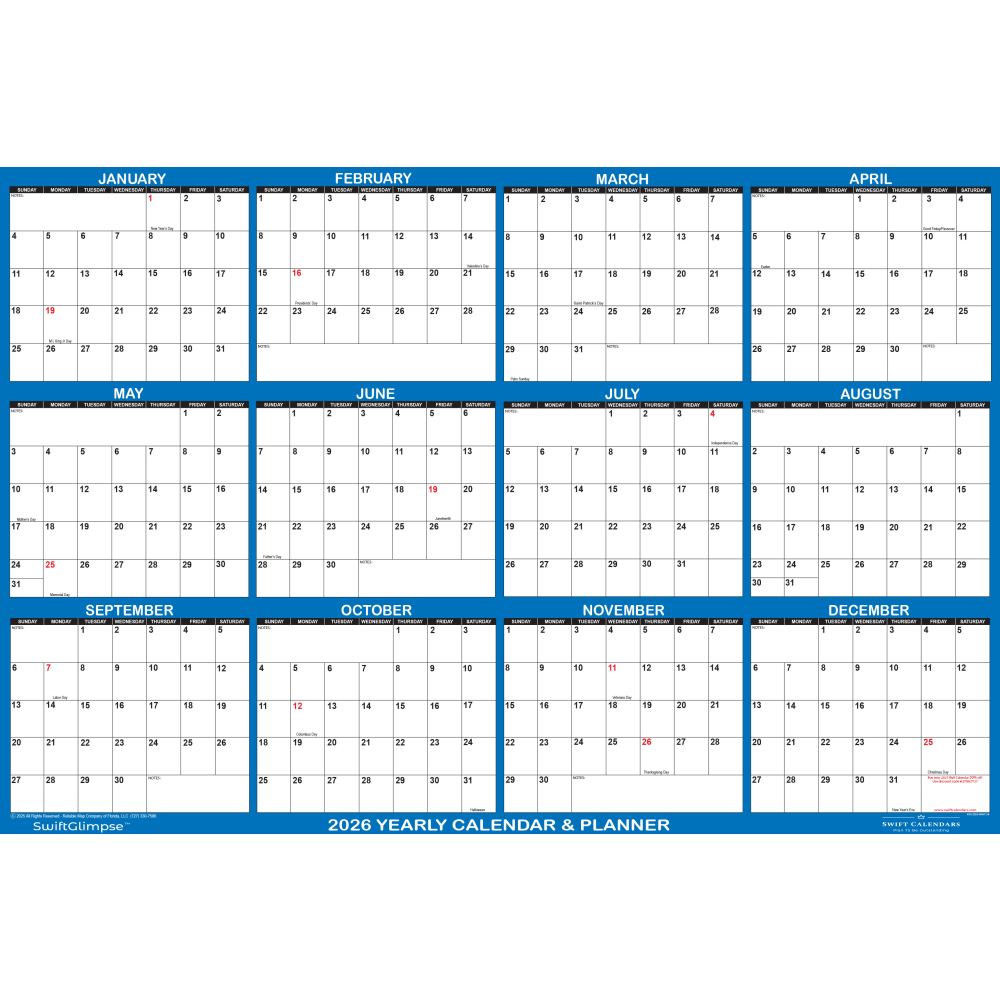 2026 SwiftGlimpse Yearly Erasable Wall Calendar, 48in x 72in, White/Navy, January To December