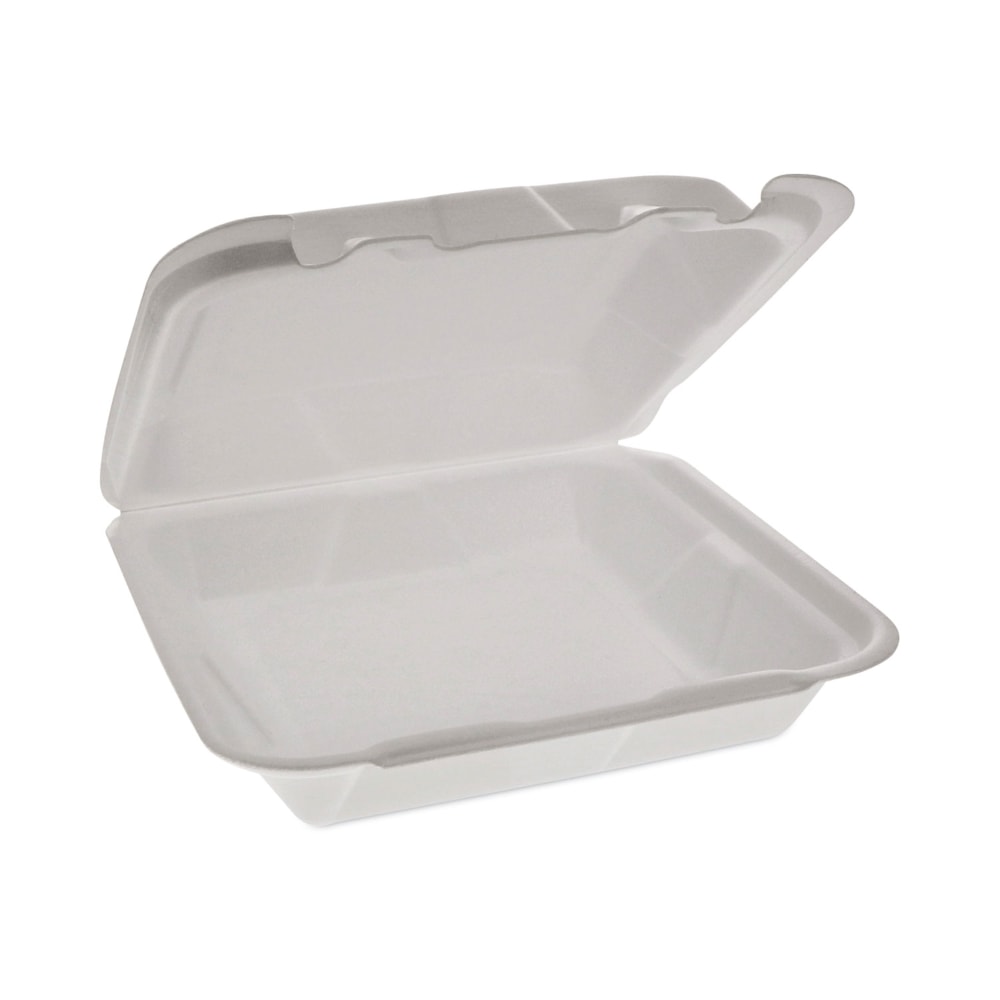 Pactiv Evergreen Foam Hinged-Lid Containers, Dual-Tab Lock, Happy Face, 2-1/4inH x 8inW x 7-3/4inD, White, Carton Of 200 Containers