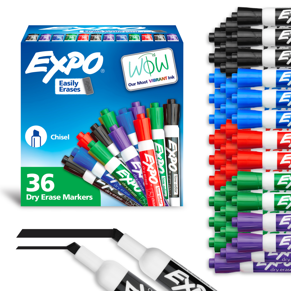 EXPO Low-Odor Dry-Erase Markers, Chisel Point, Assorted Colors, Pack Of 36