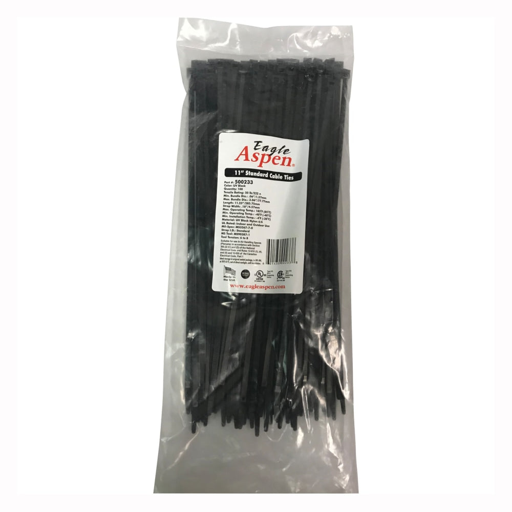 Eagle Aspen Pro Brand Cable Ties, 11in, Black, Pack Of 100