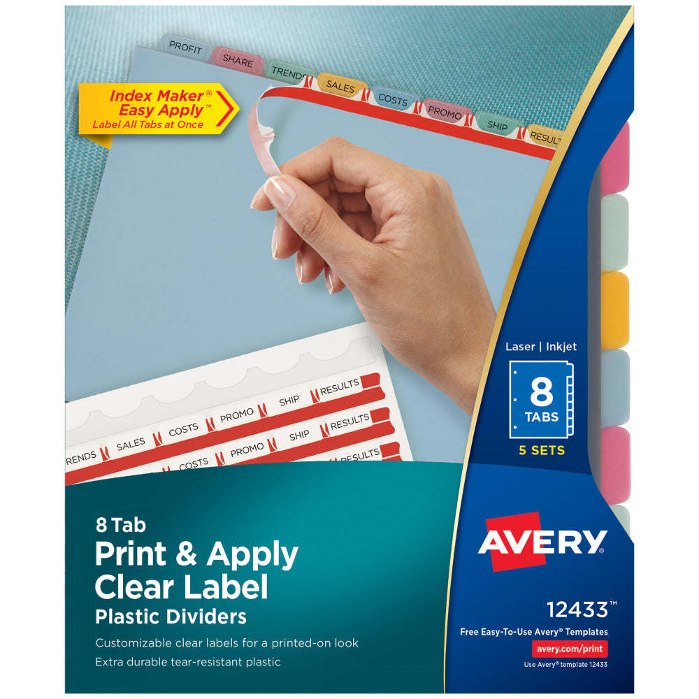 Avery 8 Tab Plastic Dividers For 3 Ring Binder, Easy Print & Apply Clear Label Strip, Index Maker Customizable, Multicolor Tabs, Pack Of 5 Sets