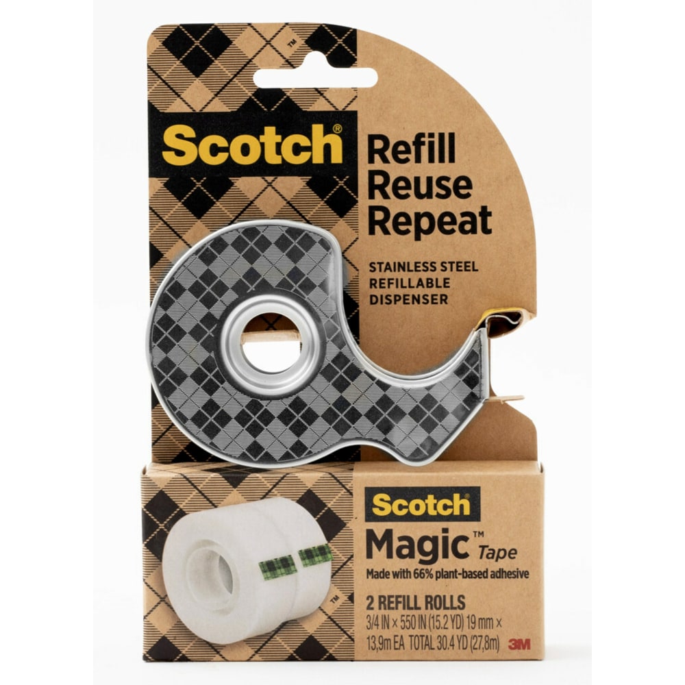 Scotch Stainless Steel Dispenser Starter Pack with Magic Tape , 0.75 in x 550 in, 2 Roll/Pack