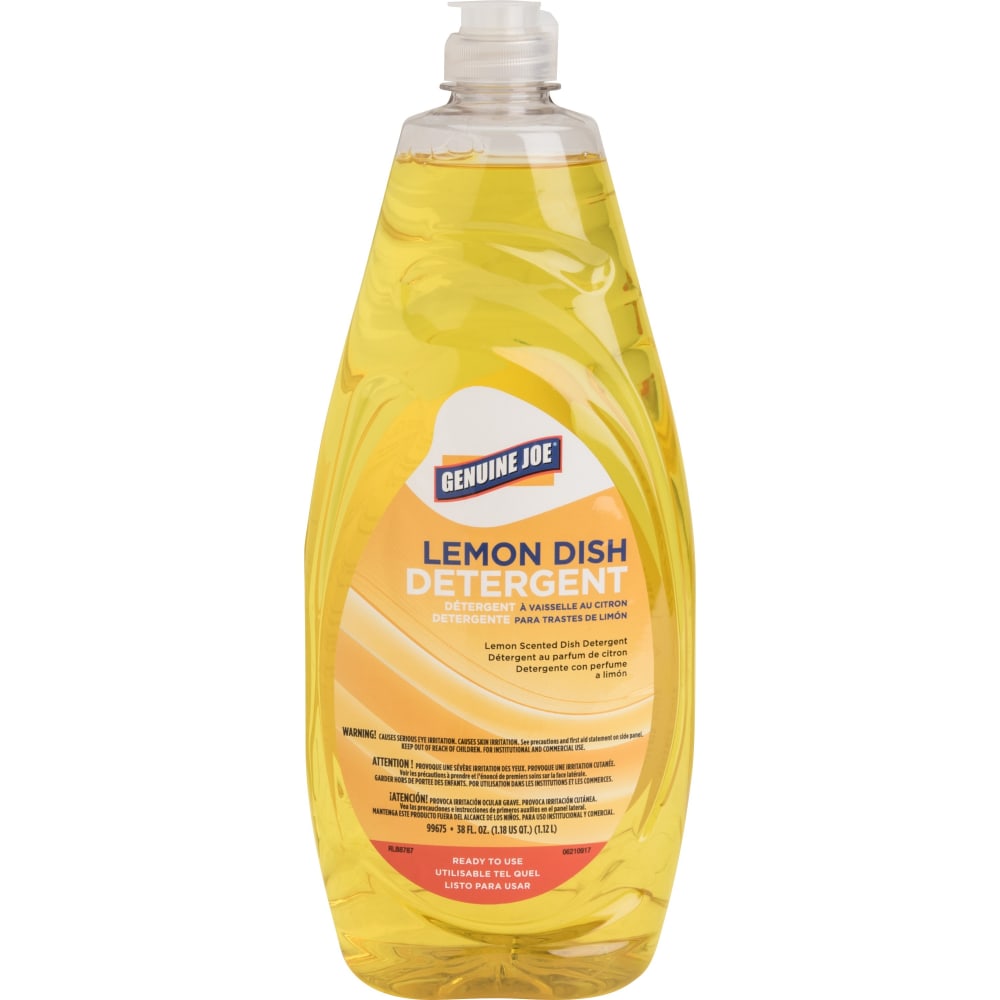 Genuine Joe Dish Detergent - For Pot - Concentrate - 38 fl oz (1.2 quart) - Lemon Scent - Heavy Duty, Durable, Long Lasting, Film-free - Yellow