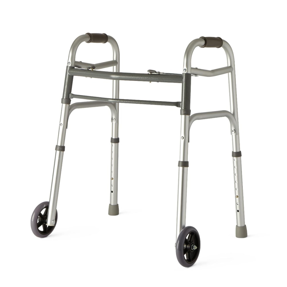 Medline Junior Adjustable Aluminum/Steel 2-Button Folding Walker, 25in - 32inH, With 5in Wheels