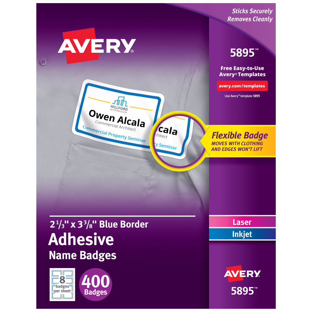 Avery Flexible Name Badge Labels, 5895, 2 1/3in x 3 3/8in, White With Blue Border, Box Of 400