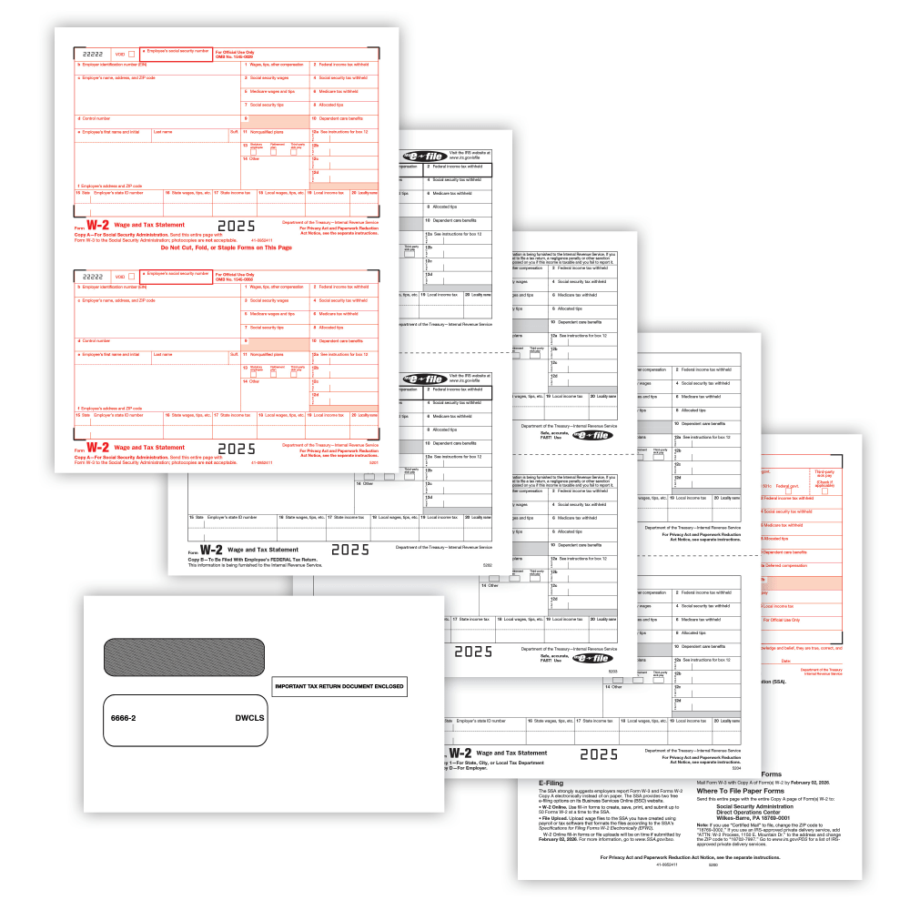 ComplyRight W-2 Tax Forms Set, 4-Part, 2-Up, Copies A, B, C, D, 8-1/2in x 11in, Pack Of 50 Forms And Envelopes, 5645E25