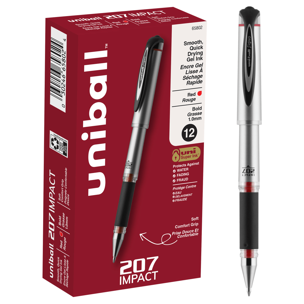 uni-ball 207 Impact Gel Pens, Bold Point, 1.0 mm, Red Gray Barrel, Red Ink, Pack Of 12