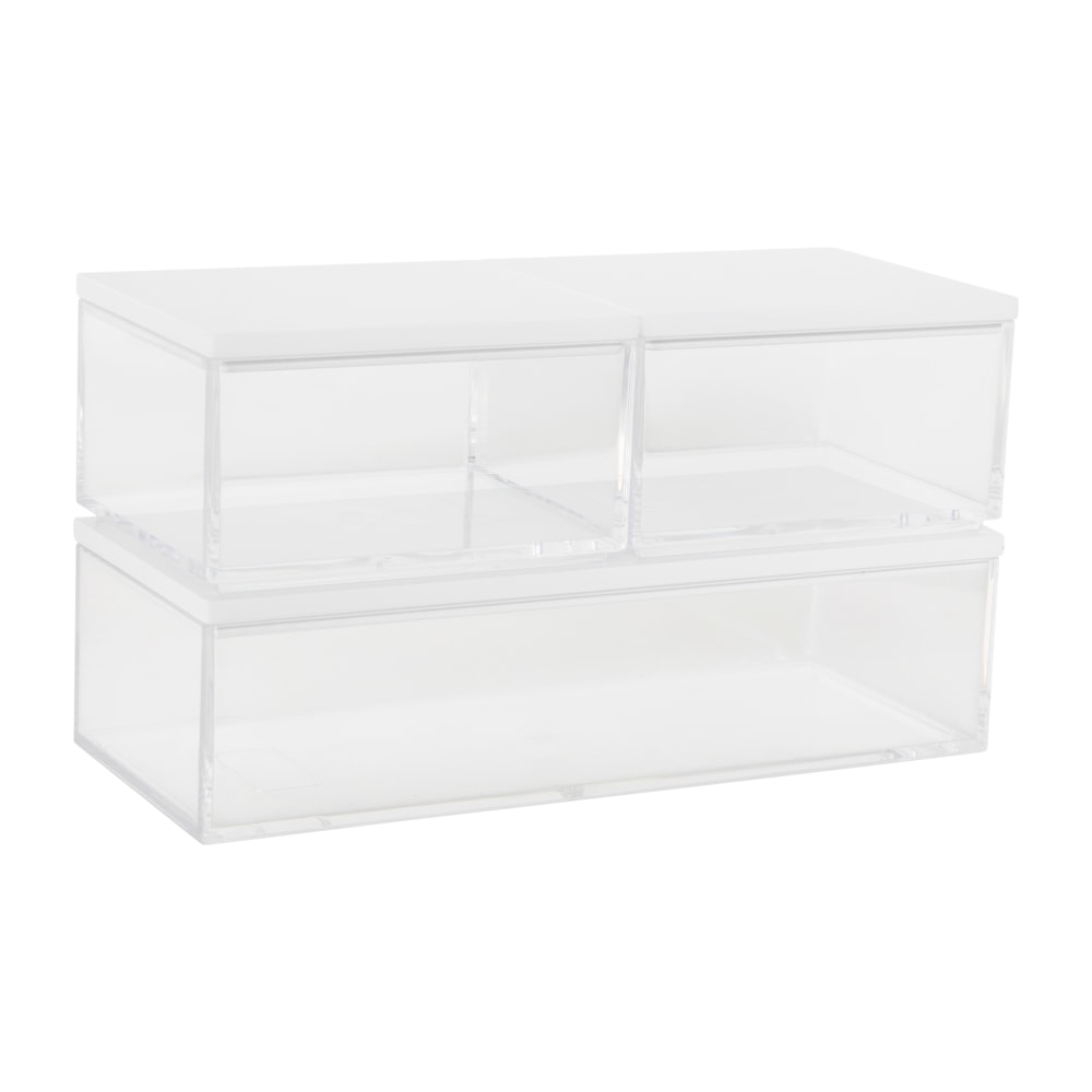 Martha Stewart Brody Plastic Storage Organizer Bins With Lids, 2inH x 3inW x 7-1/2inD, Clear/White, Set Of 3 Bins, BEPB3316WD3CLWH