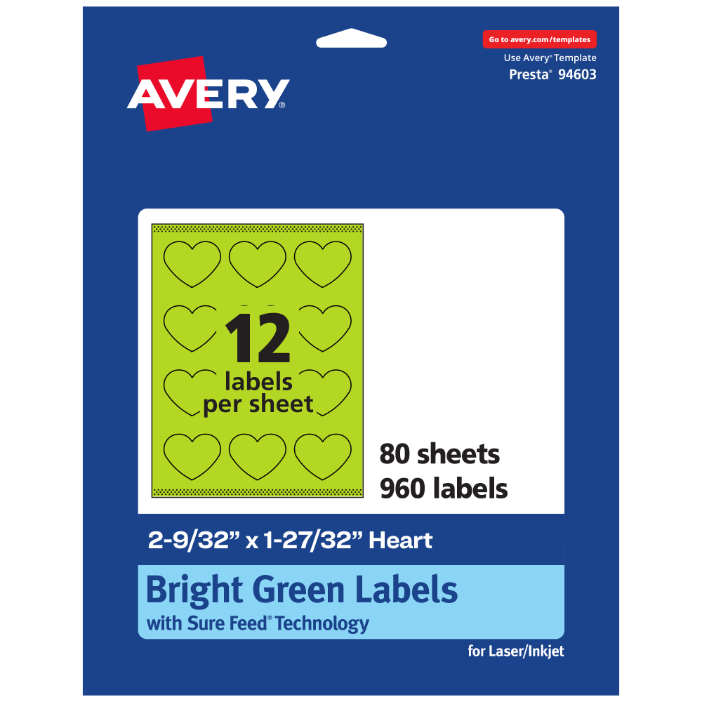 Avery Print-To-The-Edge Labels With Sure Feed Technology, 94603-BGP80, Heart, 2-9/32in x 1-27/32in, Matte Bright Green, Pack of 960