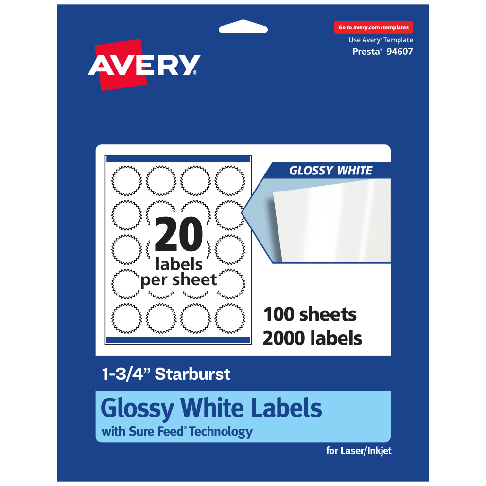 Avery Glossy Permanent Labels With Sure Feed, 94607-WGP100, Starburst, 1-3/4in, White, Pack Of 2,000