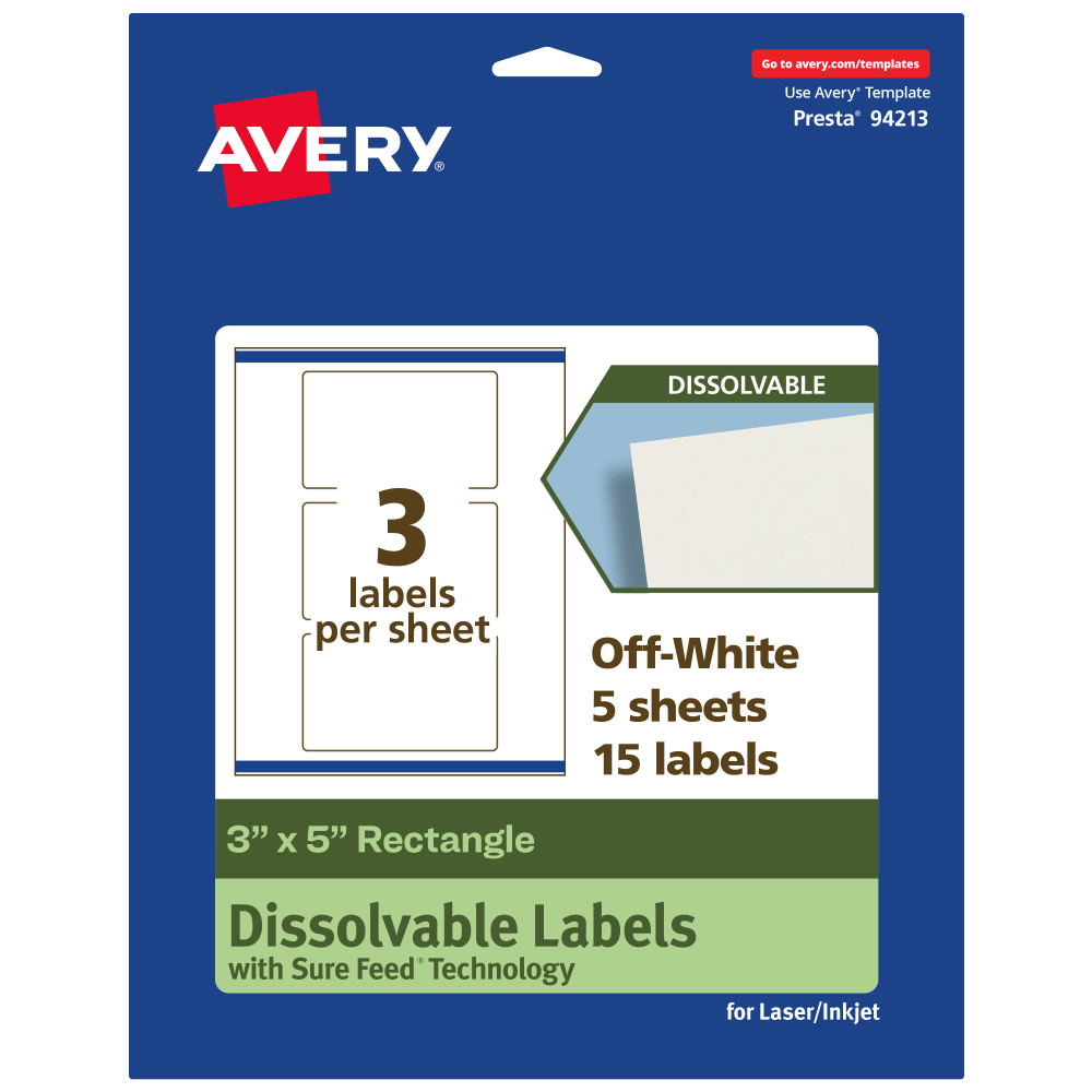 Avery Print-to-the-Edge Dissolvable Labels With Sure Feed Technology, 94213-DWMP5, Rectangle, 3inx5in, Matte Off-White, Pack Of 15