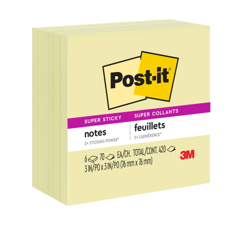 Post-it Super Sticky Notes, 3 x 3 in, 6 Sticky Note Pads, 70 Sheets/Pad, 2X the Sticking Power, School Supplies and Office Products, Canary Yellow