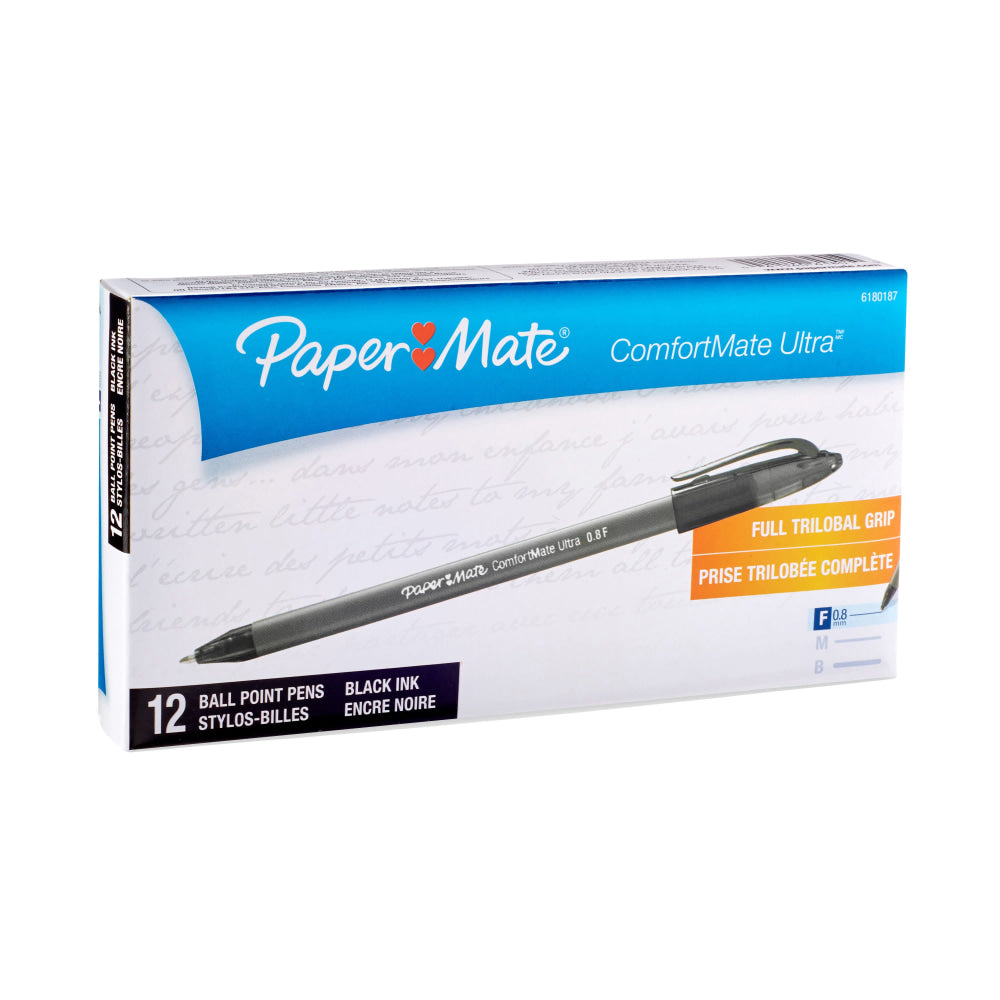 Paper Mate Comfortmate Ultra Ballpoint Stick Pens, Fine Point, 0.8 mm, Black Barrel, Black Ink, Pack Of 12