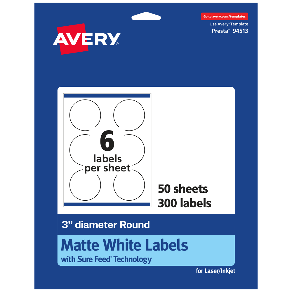 Avery Permanent Labels With Sure Feed, 94513-WMP50, Round, 3in Diameter, White, Pack Of 300