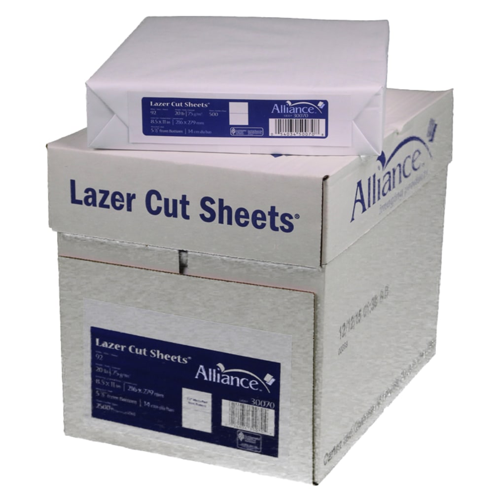 Alliance Processed Lazer Cut Sheet Copy Paper, 8-1/2 x 11, Perforated 5-1/2in, 92+ Bright, 20 Lb, White, 500 Sheets Per Ream, Carton Of 5 Reams