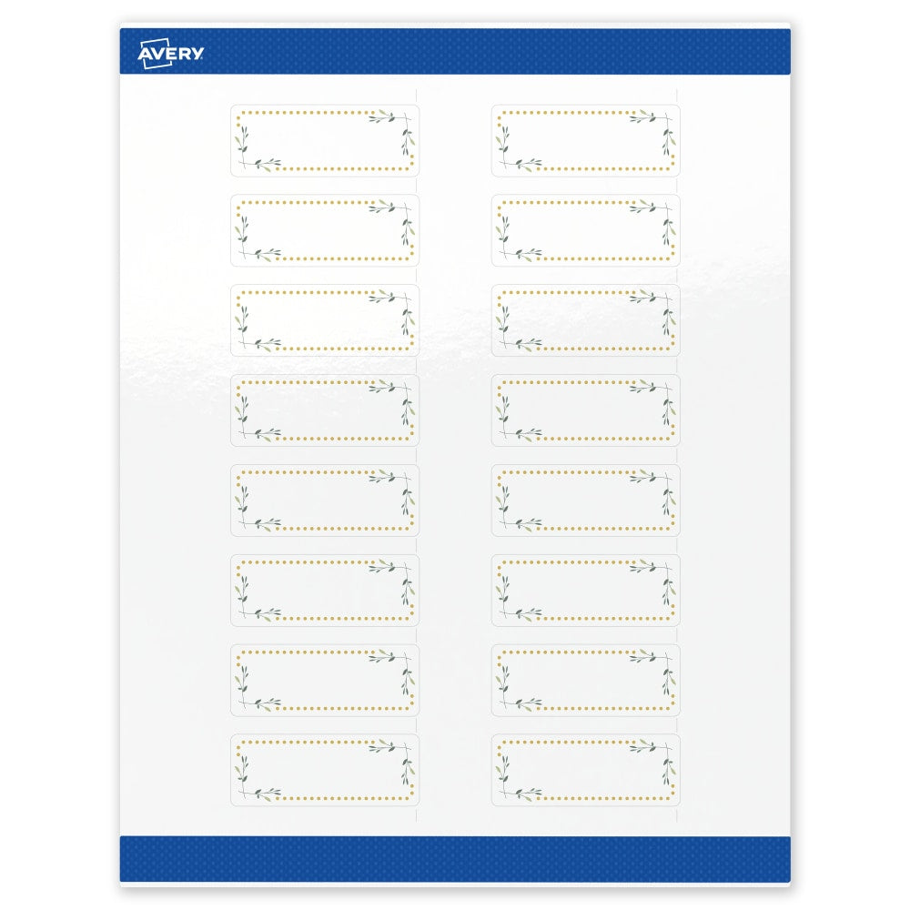Avery Print-To-The-Edge Labels & Sure Feed, S00-D2R-PRWGP10, 1in x 2-5/8in, Glossy White, Preprinted Green Floral & Gold Dots Design, Pack Of 160
