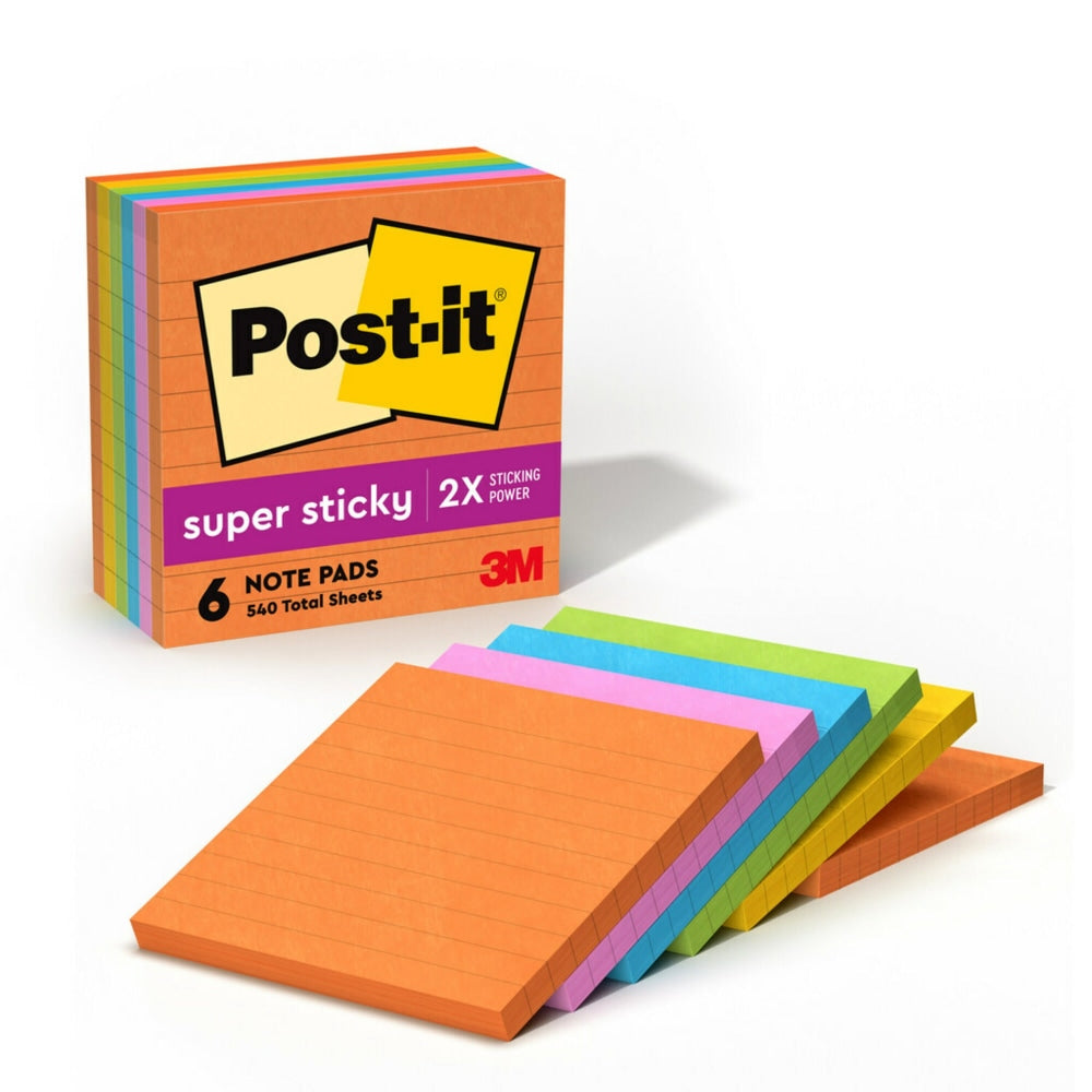 Post-it Super Sticky Notes, 4 x 4 in, 6 Lined Sticky Note Pads, 90 Sheets/Pad, 2x the Sticking Power, Back to School Supplies, Energy Boost