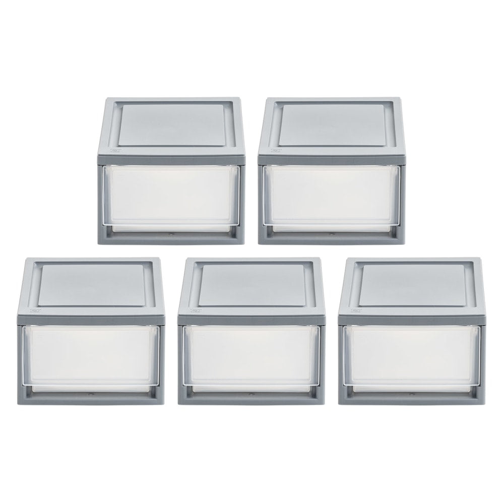 Iris Stackable Storage Bins With Drawers, 5-7/16inH x 8-1/2inW x 13-1/8in, Gray, Set Of 5 Bins