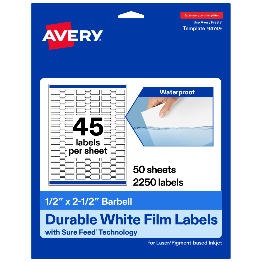 Avery Waterproof Permanent Labels With Sure Feed, 94749-WMF50, Barbell, 1/2in x 2-1/2in, White, Pack Of 2,250