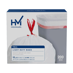 Highmark Tall 0.6 mil Drawstring Kitchen Trash Bags, 0.6 mil, 13 Gallon, 27.375in x 24in, White, Box Of 200