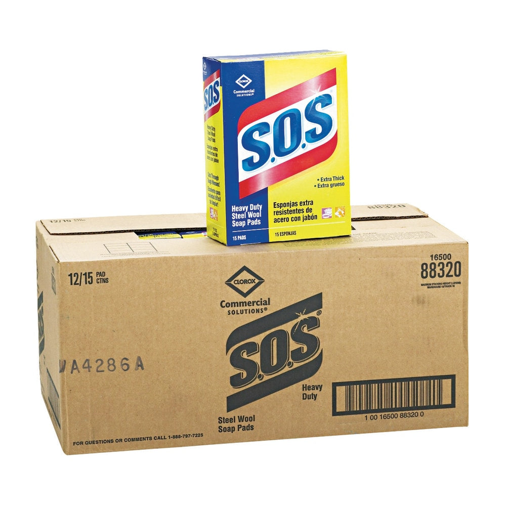 Clorox S.O.S. Steel Wool Heavy-Duty Soap Pads, 15 Per Box, Case Of 12 Boxes