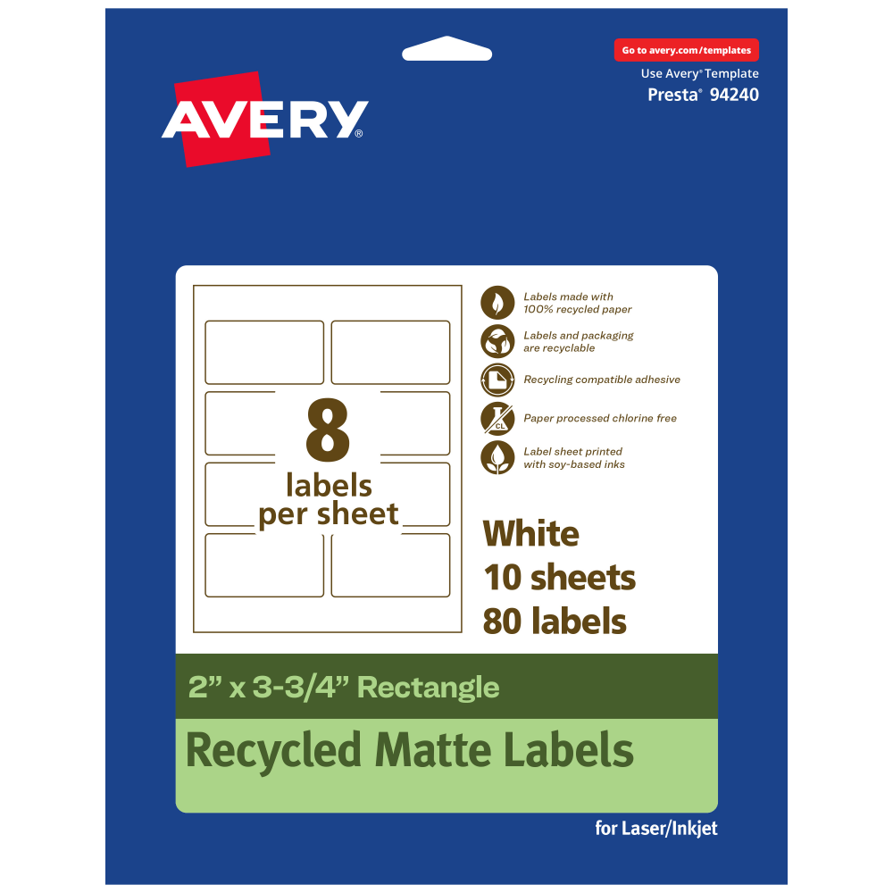 Avery Recycled Paper Labels, 94240-EWMP10, Rectangle, 2in x 3-3/4in, White, Pack Of 80