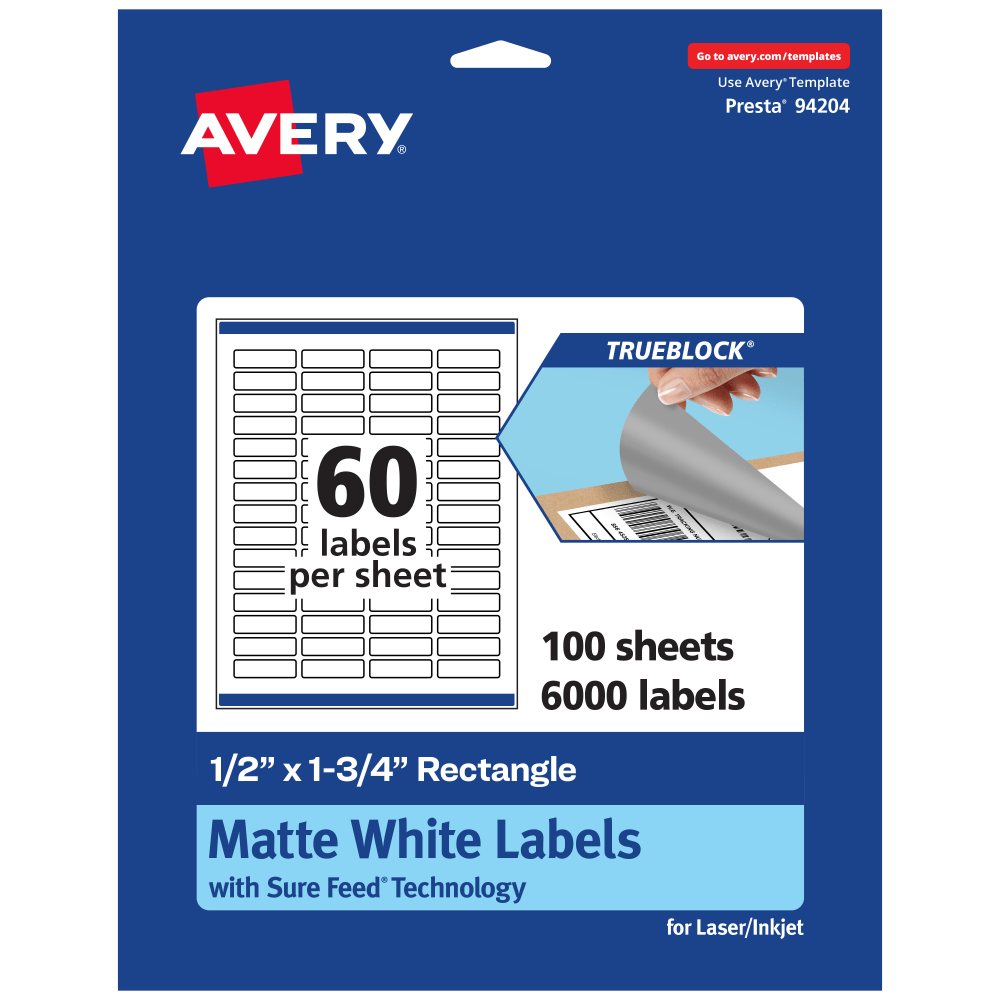 Avery Print-To-The-Edge TrueBlock Labels With Sure Feed, 94204-TWMP100, Rectangle, 1/2in x 1-3/4in, Matte White, Pack Of 6000