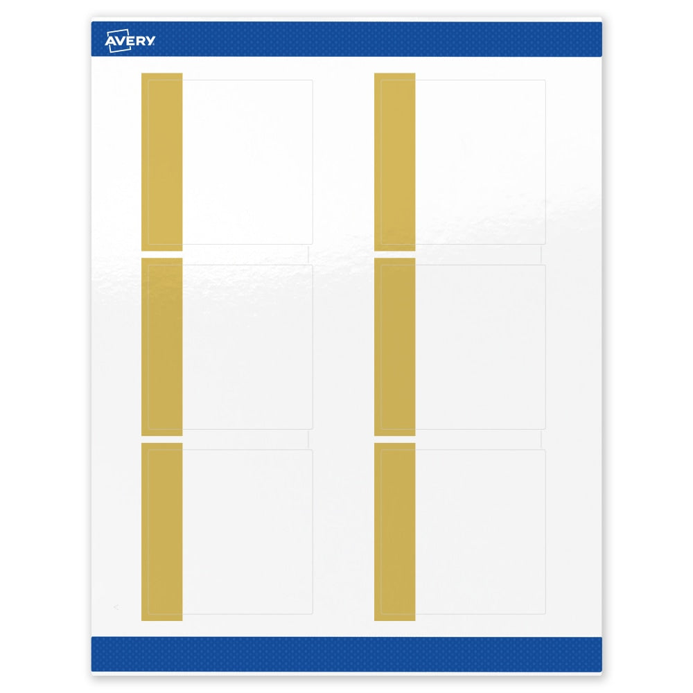 Avery Print-To-The-Edge Labels & Sure Feed, S00-DJQ-PRWGP10, 3in x 3in, Glossy White, Preprinted Dipped Gold Edge Design, Pack Of 60