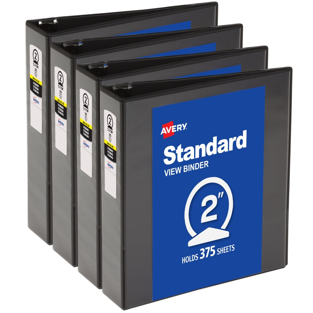 Avery Standard View 3 Ring Binders, 2in Round Rings, Black, Pack Of 4