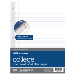 Office Depot Brand Reinforced Filler Paper, 8in x 10-1/2in, College Ruled, White, Pack Of 100 Sheets