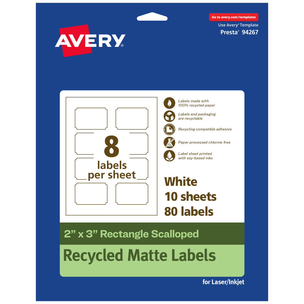 Avery Recycled Paper Labels, 94267-EWMP10, Rectangle Scalloped, 2in x 3in, White, Pack Of 80