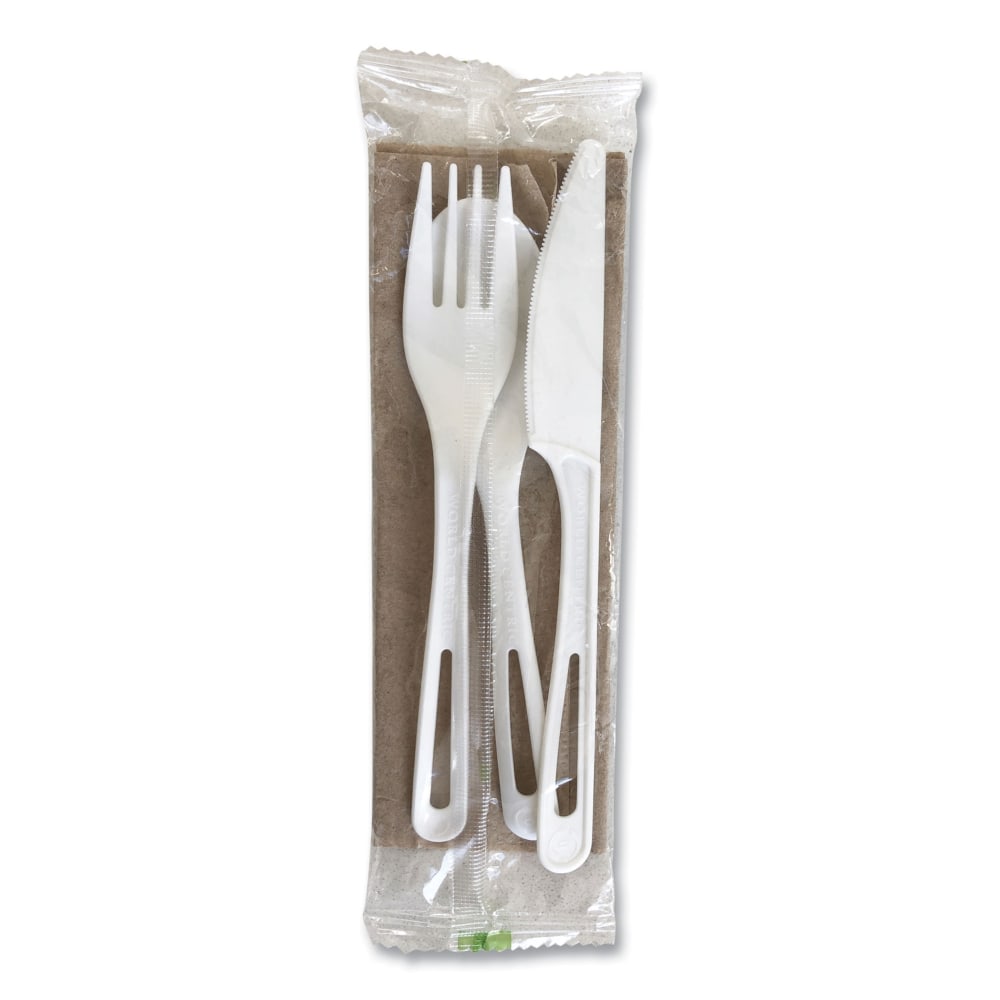 World Centric TPLA Compostable Cutlery, Fork/Knife/Spoon/Napkin, White, Carton Of 250 Kits