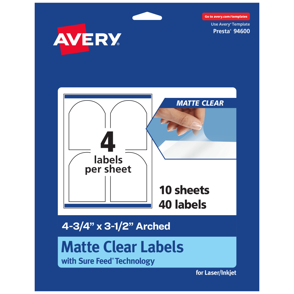 Avery Permanent Labels With Sure Feed, 94600-CMF10, Arched, 4-3/4in x 3-1/2in, Matte Clear, Pack Of 40